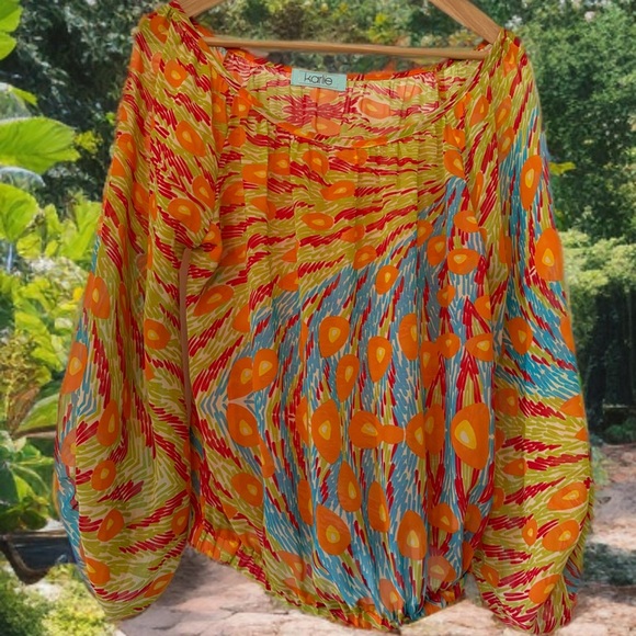Karlie Tops - VTG 70’s-80’s Off-Shoulder Sheer Flowy Blouse w/Vibrant Retro Disco design M